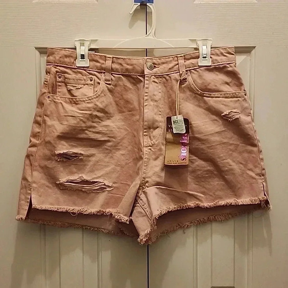 Vanilla Star Pants - Vanilla Star High Rise Distressed Shortie Pink Denim Shorts- NWT- size 13